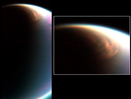 two views of Titan's giant north pole cloud